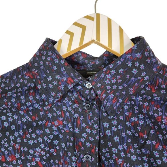 AND OTHER STORIES Dress Womens 8 Blue Floral Fit Flare Shirtdress Long Sleeve - Picture 5 of 10